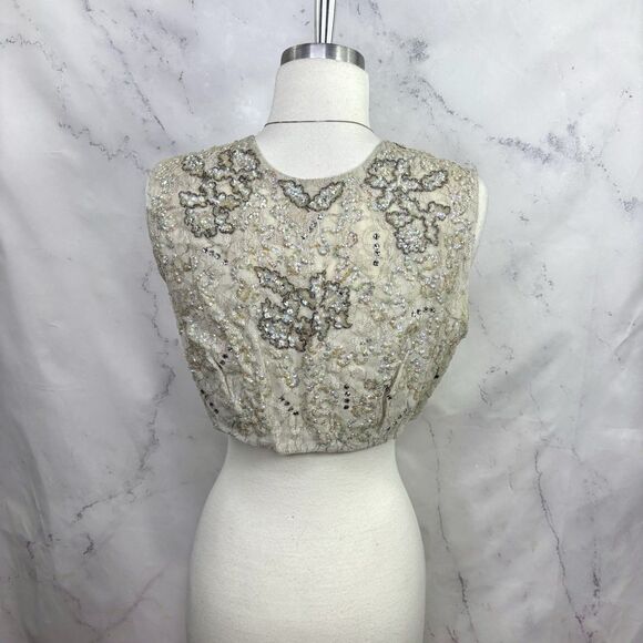 Vtg 60s Lace Shrug Vest Bolero Sz S Gray Sequence Embroidery Romantic Art Deco - Picture 14 of 16